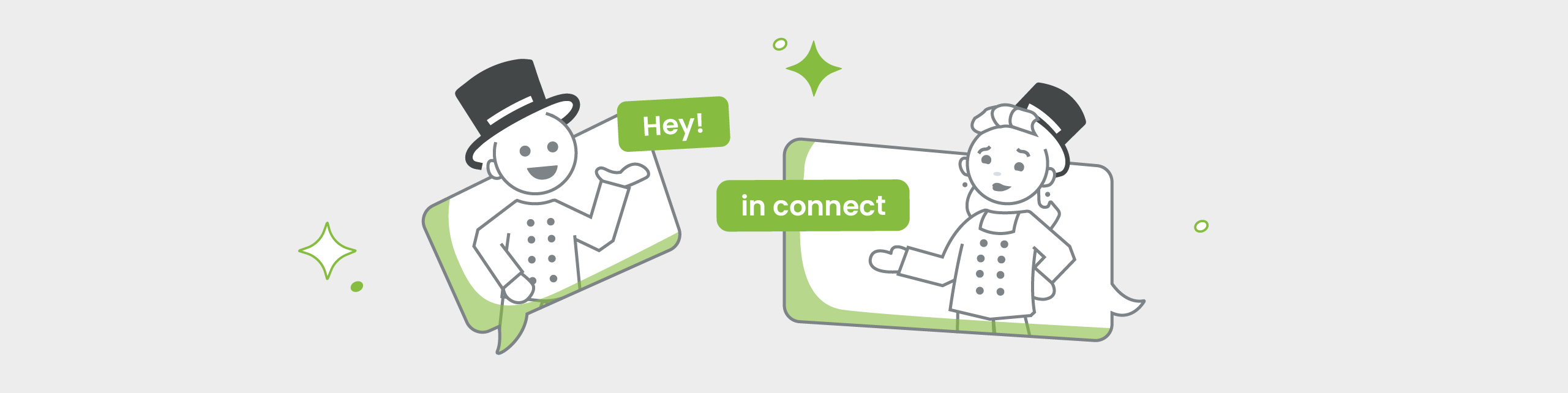 Thumbnail_DasNeueHey-01-einzelbild Illustration von zwei Schornsteinfeger-Figuren mit Sprechblasen „Hey!" und „in connect" – Symbolbild für die neue Kommunikationszentrale Hey! in digibase connect